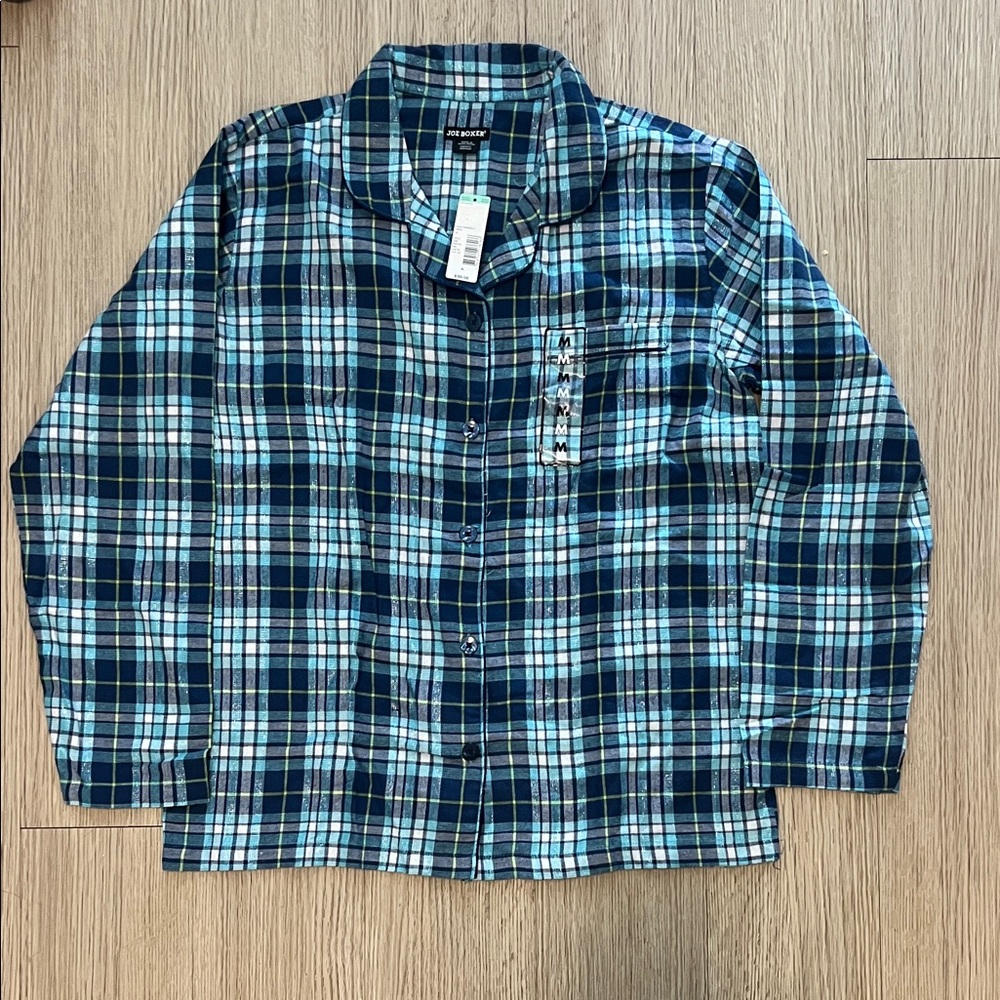 NWT Joe Boxer Size Medium Blue Plaid Button-Up Shirt